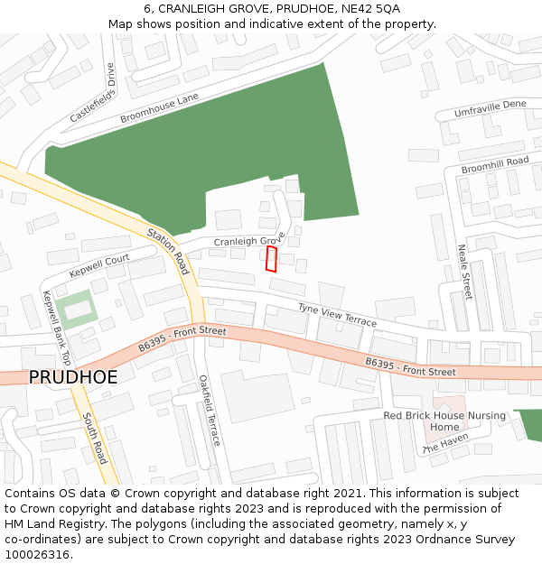 6, CRANLEIGH GROVE, PRUDHOE, NE42 5QA: Location map and indicative extent of plot