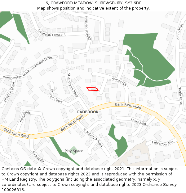 6, CRAWFORD MEADOW, SHREWSBURY, SY3 6DF: Location map and indicative extent of plot