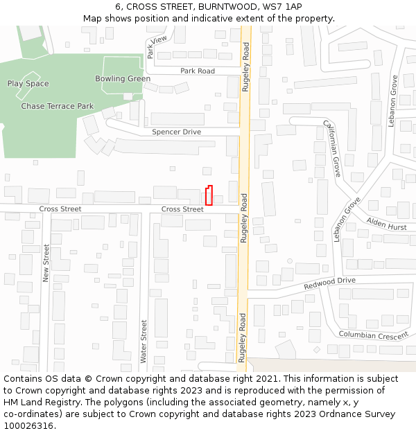 6, CROSS STREET, BURNTWOOD, WS7 1AP: Location map and indicative extent of plot