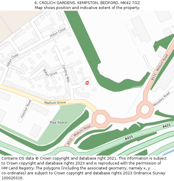 6, CROUCH GARDENS, KEMPSTON, BEDFORD, MK42 7GZ: Location map and indicative extent of plot