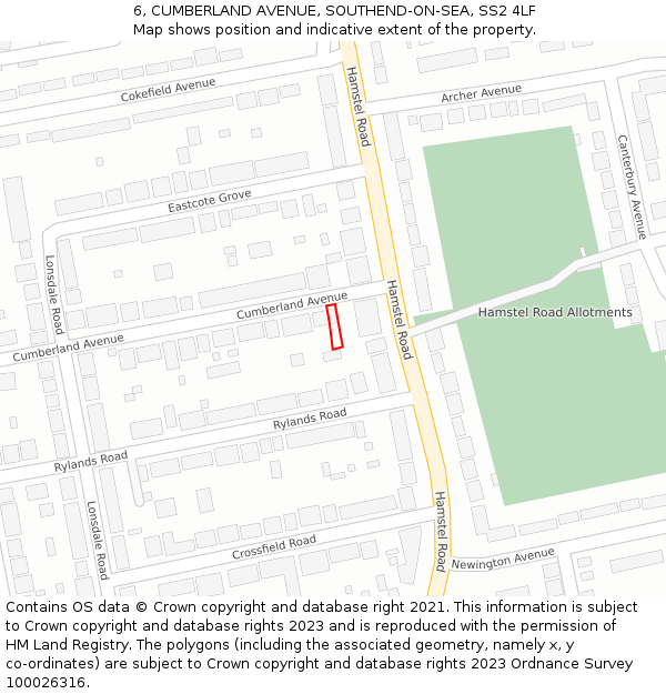 6, CUMBERLAND AVENUE, SOUTHEND-ON-SEA, SS2 4LF: Location map and indicative extent of plot