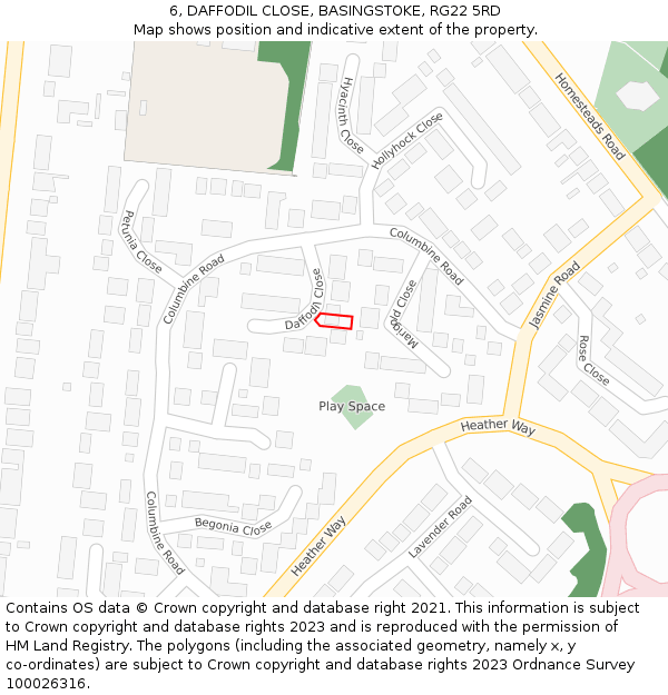 6, DAFFODIL CLOSE, BASINGSTOKE, RG22 5RD: Location map and indicative extent of plot