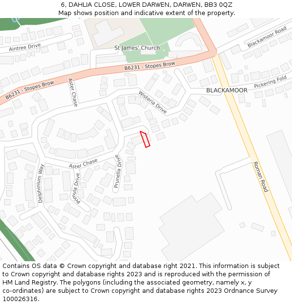 6, DAHLIA CLOSE, LOWER DARWEN, DARWEN, BB3 0QZ: Location map and indicative extent of plot