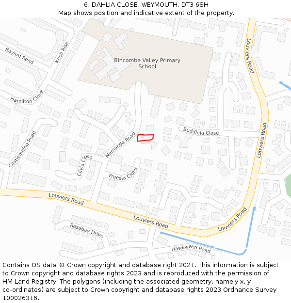 6, DAHLIA CLOSE, WEYMOUTH, DT3 6SH: Location map and indicative extent of plot