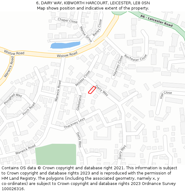 6, DAIRY WAY, KIBWORTH HARCOURT, LEICESTER, LE8 0SN: Location map and indicative extent of plot