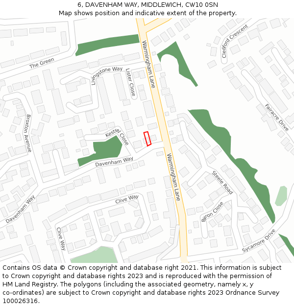 6, DAVENHAM WAY, MIDDLEWICH, CW10 0SN: Location map and indicative extent of plot