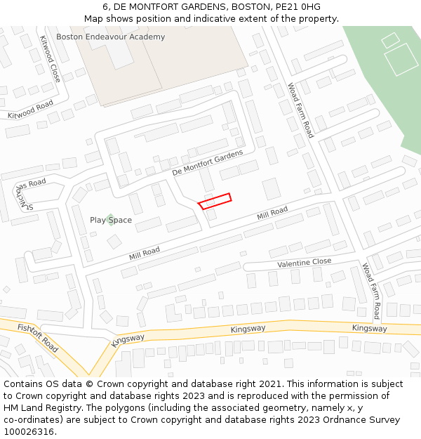 6, DE MONTFORT GARDENS, BOSTON, PE21 0HG: Location map and indicative extent of plot