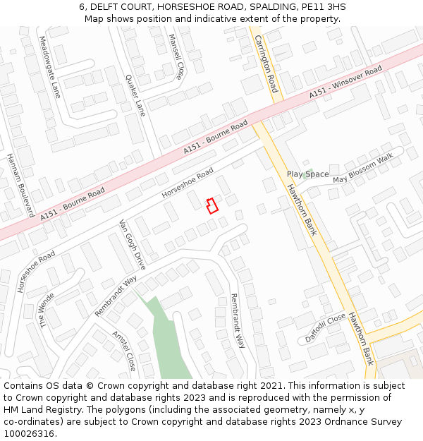 6, DELFT COURT, HORSESHOE ROAD, SPALDING, PE11 3HS: Location map and indicative extent of plot