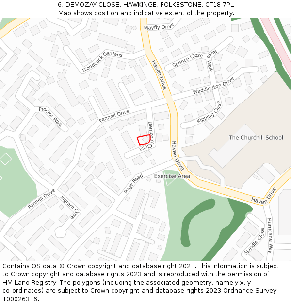 6, DEMOZAY CLOSE, HAWKINGE, FOLKESTONE, CT18 7PL: Location map and indicative extent of plot