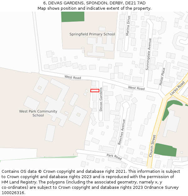 6, DEVAS GARDENS, SPONDON, DERBY, DE21 7AD: Location map and indicative extent of plot