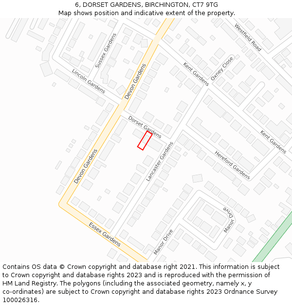 6, DORSET GARDENS, BIRCHINGTON, CT7 9TG: Location map and indicative extent of plot