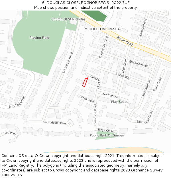 6, DOUGLAS CLOSE, BOGNOR REGIS, PO22 7UE: Location map and indicative extent of plot