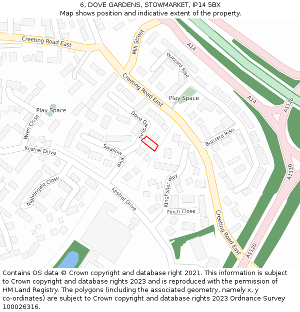 6, DOVE GARDENS, STOWMARKET, IP14 5BX: Location map and indicative extent of plot