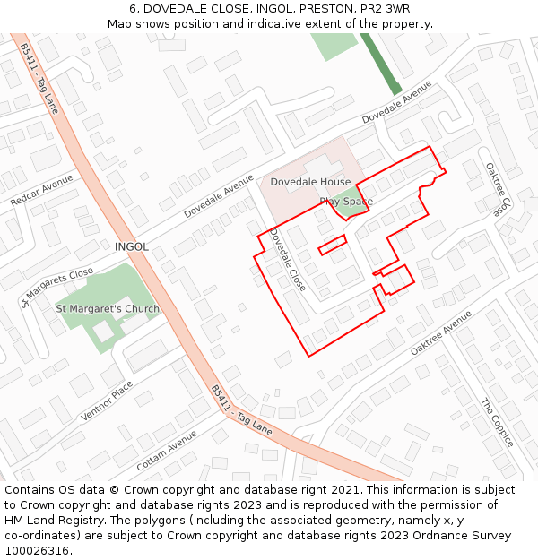 6, DOVEDALE CLOSE, INGOL, PRESTON, PR2 3WR: Location map and indicative extent of plot