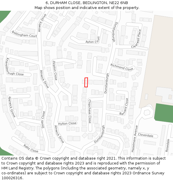 6, DURHAM CLOSE, BEDLINGTON, NE22 6NB: Location map and indicative extent of plot