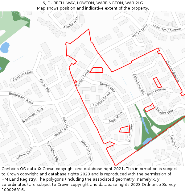 6, DURRELL WAY, LOWTON, WARRINGTON, WA3 2LG: Location map and indicative extent of plot