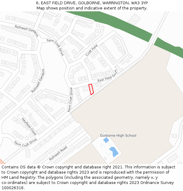 6, EAST FIELD DRIVE, GOLBORNE, WARRINGTON, WA3 3YP: Location map and indicative extent of plot