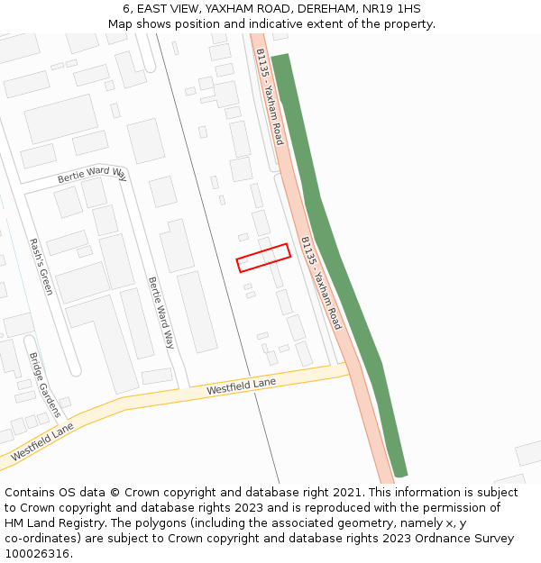6, EAST VIEW, YAXHAM ROAD, DEREHAM, NR19 1HS: Location map and indicative extent of plot