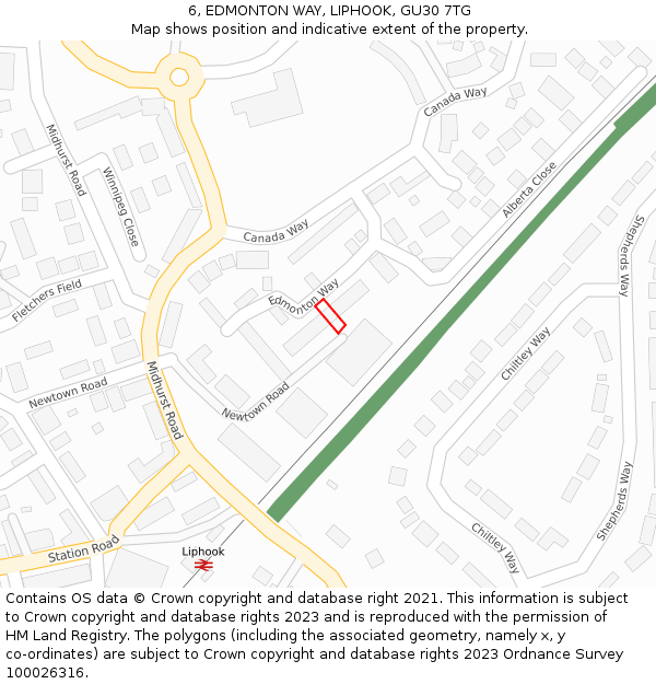 6, EDMONTON WAY, LIPHOOK, GU30 7TG: Location map and indicative extent of plot