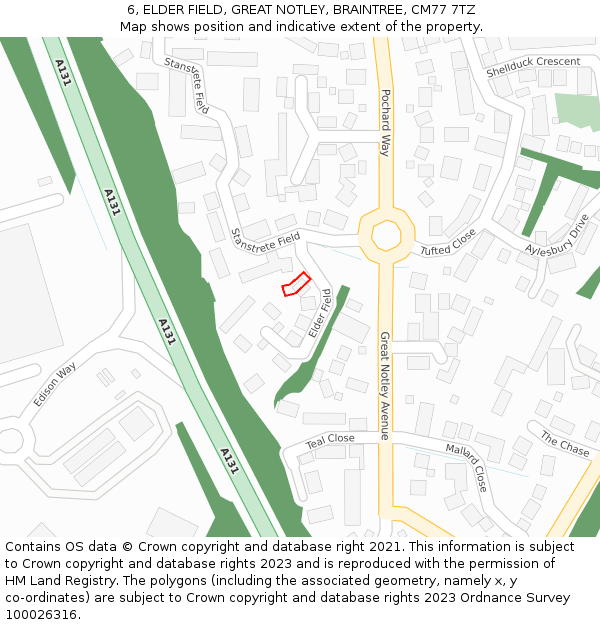 6, ELDER FIELD, GREAT NOTLEY, BRAINTREE, CM77 7TZ: Location map and indicative extent of plot