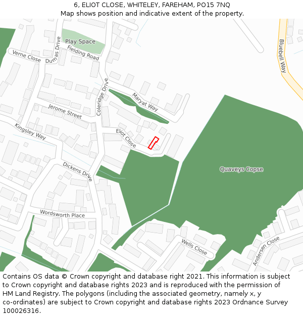 6, ELIOT CLOSE, WHITELEY, FAREHAM, PO15 7NQ: Location map and indicative extent of plot