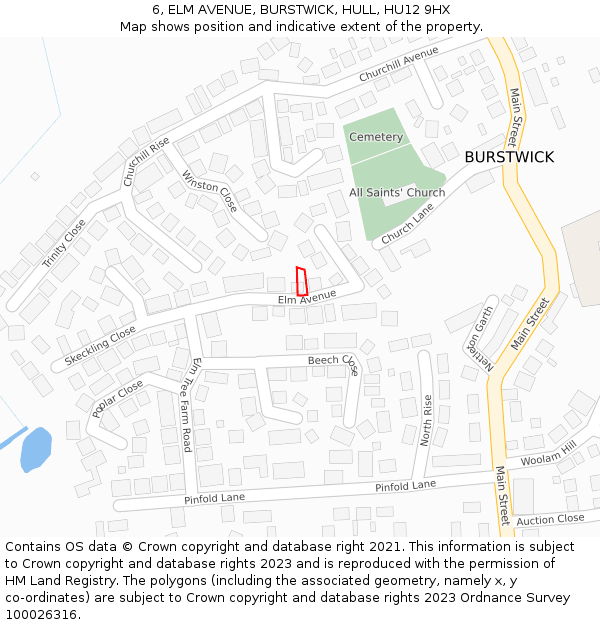 6, ELM AVENUE, BURSTWICK, HULL, HU12 9HX: Location map and indicative extent of plot