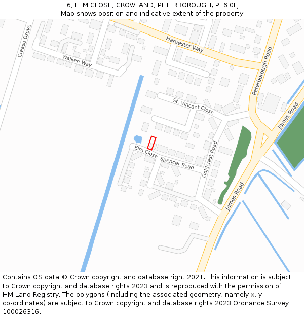 6, ELM CLOSE, CROWLAND, PETERBOROUGH, PE6 0FJ: Location map and indicative extent of plot