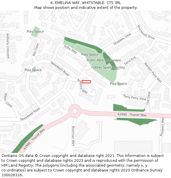 6, EMELINA WAY, WHITSTABLE, CT5 3RL: Location map and indicative extent of plot