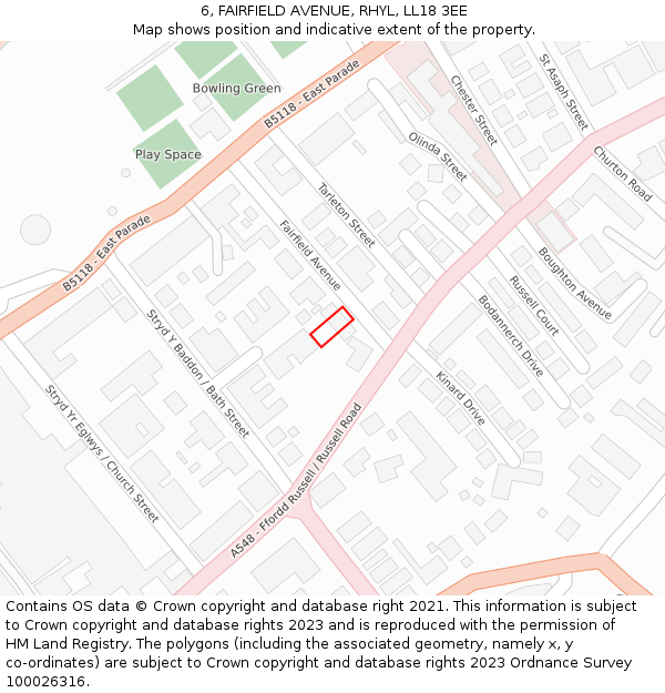 6, FAIRFIELD AVENUE, RHYL, LL18 3EE: Location map and indicative extent of plot