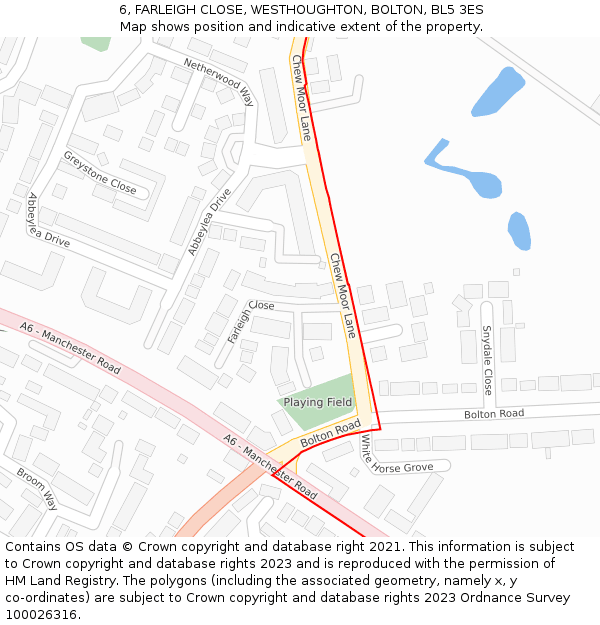 6, FARLEIGH CLOSE, WESTHOUGHTON, BOLTON, BL5 3ES: Location map and indicative extent of plot