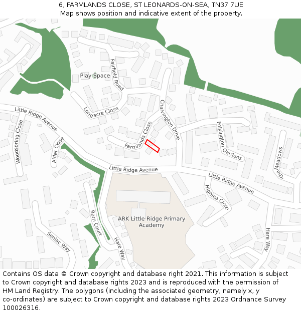 6, FARMLANDS CLOSE, ST LEONARDS-ON-SEA, TN37 7UE: Location map and indicative extent of plot