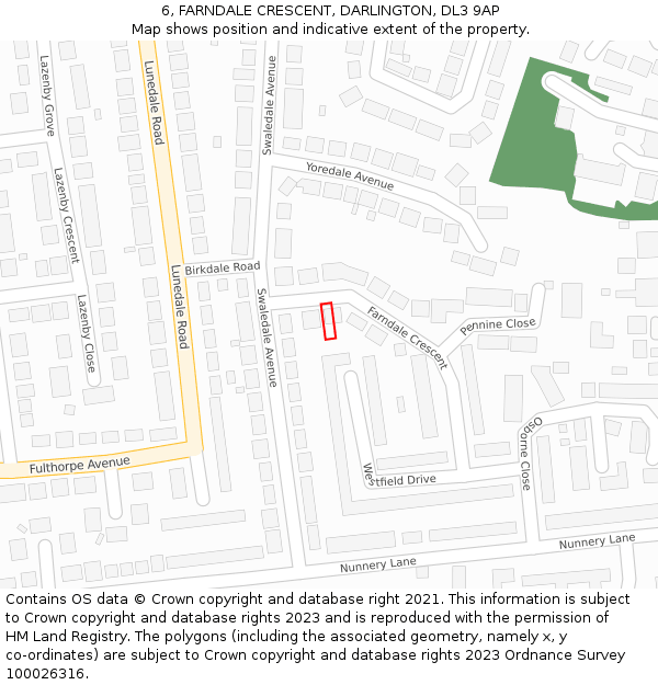 6, FARNDALE CRESCENT, DARLINGTON, DL3 9AP: Location map and indicative extent of plot