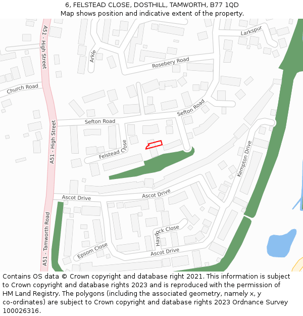 6, FELSTEAD CLOSE, DOSTHILL, TAMWORTH, B77 1QD: Location map and indicative extent of plot