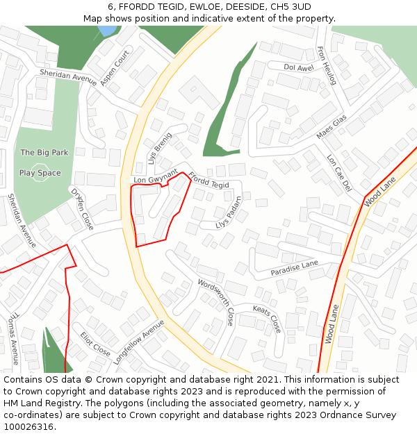 6, FFORDD TEGID, EWLOE, DEESIDE, CH5 3UD: Location map and indicative extent of plot