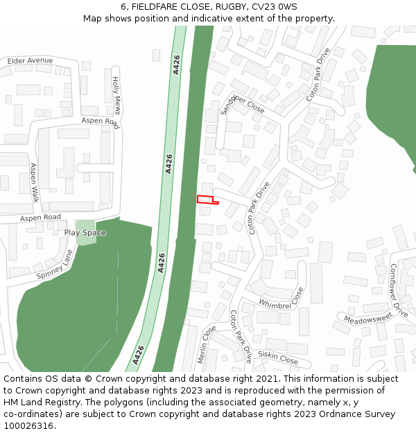 6, FIELDFARE CLOSE, RUGBY, CV23 0WS: Location map and indicative extent of plot
