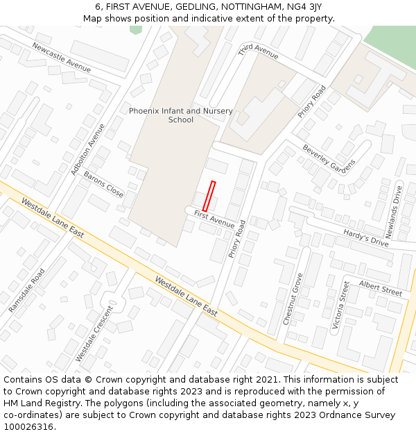 6, FIRST AVENUE, GEDLING, NOTTINGHAM, NG4 3JY: Location map and indicative extent of plot