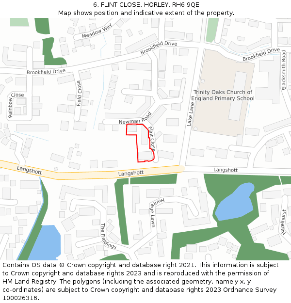 6, FLINT CLOSE, HORLEY, RH6 9QE: Location map and indicative extent of plot