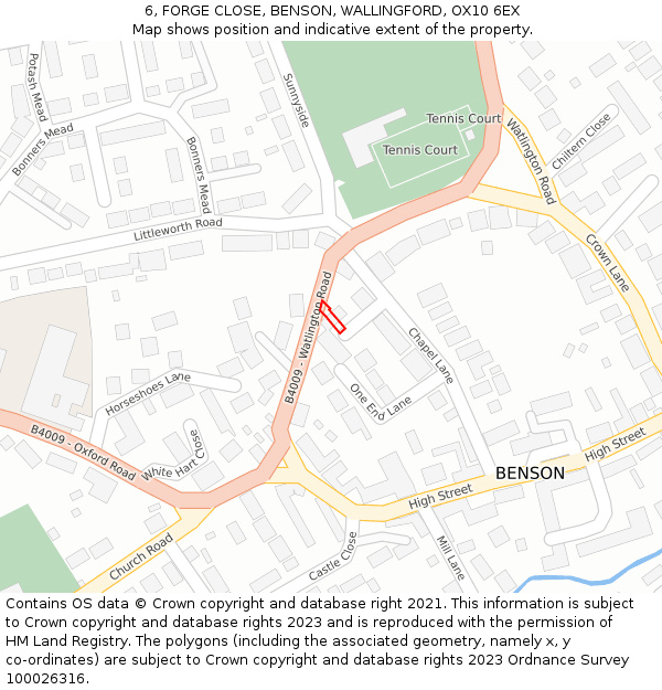 6, FORGE CLOSE, BENSON, WALLINGFORD, OX10 6EX: Location map and indicative extent of plot