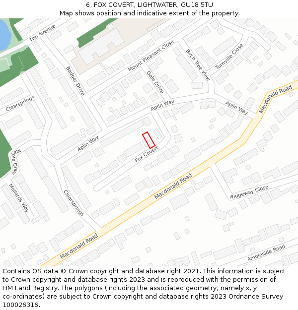 6, FOX COVERT, LIGHTWATER, GU18 5TU: Location map and indicative extent of plot