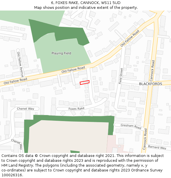 6, FOXES RAKE, CANNOCK, WS11 5UD: Location map and indicative extent of plot