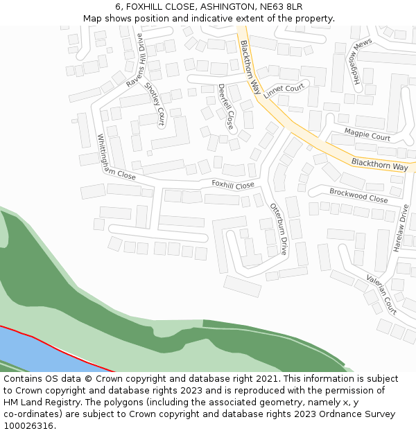 6, FOXHILL CLOSE, ASHINGTON, NE63 8LR: Location map and indicative extent of plot