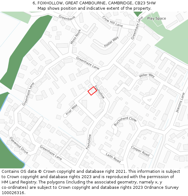 6, FOXHOLLOW, GREAT CAMBOURNE, CAMBRIDGE, CB23 5HW: Location map and indicative extent of plot