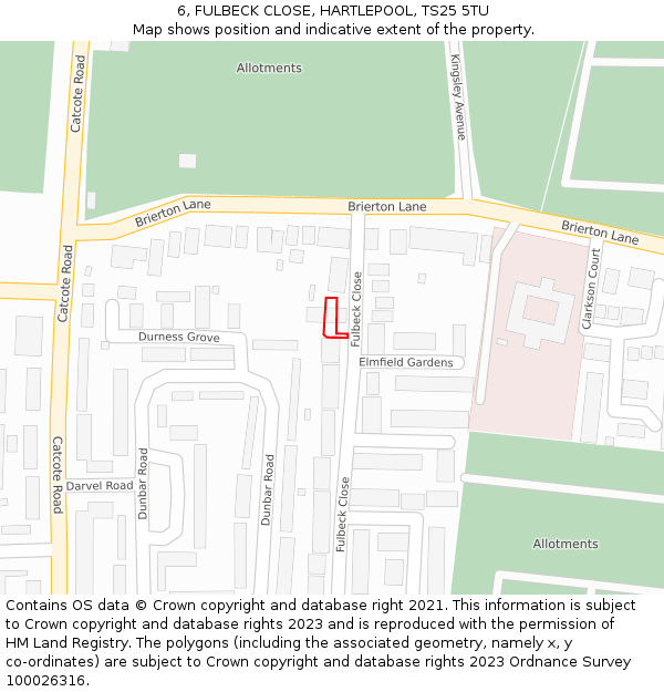 6, FULBECK CLOSE, HARTLEPOOL, TS25 5TU: Location map and indicative extent of plot