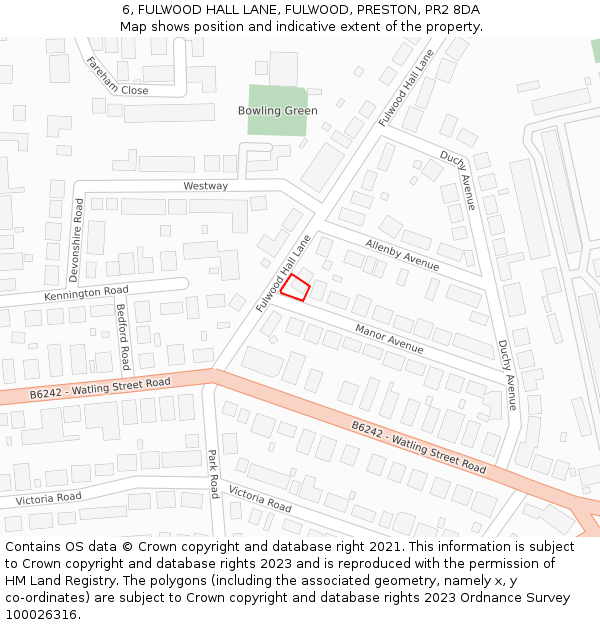 6, FULWOOD HALL LANE, FULWOOD, PRESTON, PR2 8DA: Location map and indicative extent of plot