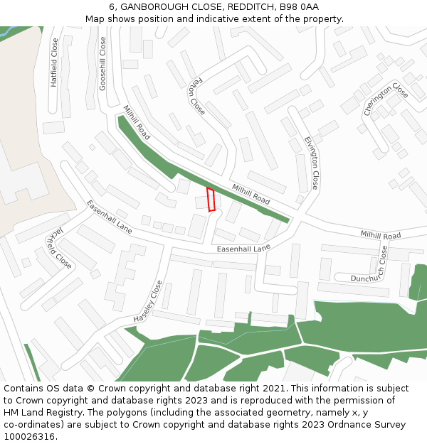 6, GANBOROUGH CLOSE, REDDITCH, B98 0AA: Location map and indicative extent of plot