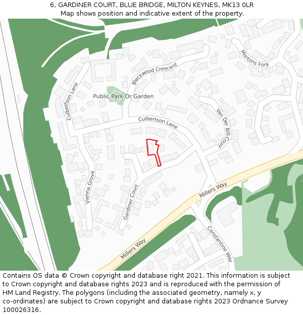 6, GARDINER COURT, BLUE BRIDGE, MILTON KEYNES, MK13 0LR: Location map and indicative extent of plot