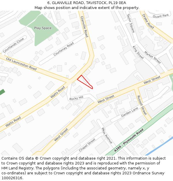 6, GLANVILLE ROAD, TAVISTOCK, PL19 0EA: Location map and indicative extent of plot