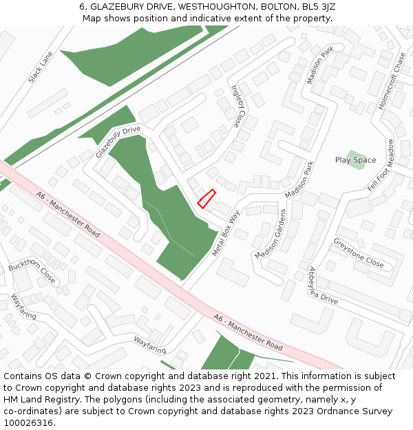 6, GLAZEBURY DRIVE, WESTHOUGHTON, BOLTON, BL5 3JZ: Location map and indicative extent of plot