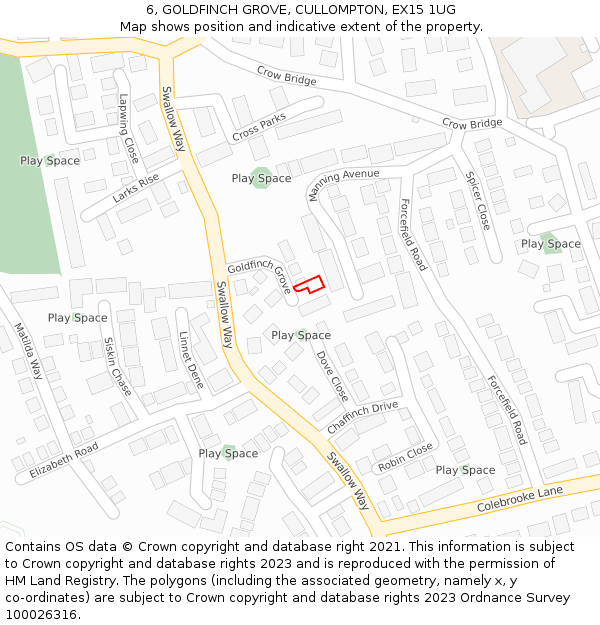 6, GOLDFINCH GROVE, CULLOMPTON, EX15 1UG: Location map and indicative extent of plot