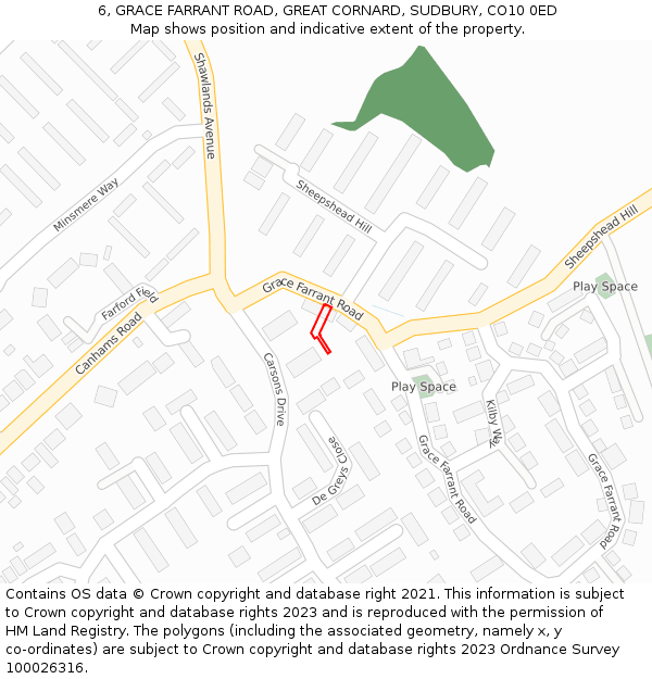 6, GRACE FARRANT ROAD, GREAT CORNARD, SUDBURY, CO10 0ED: Location map and indicative extent of plot